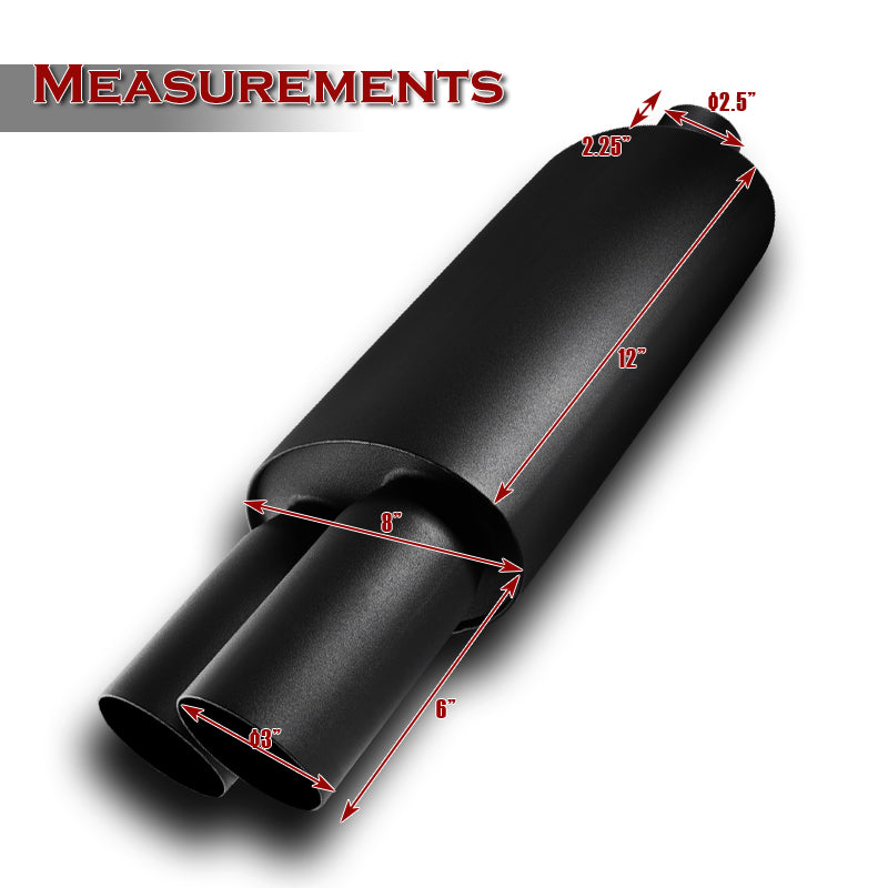 HDC Autosports 3" DTM Style Dual Tip Exhaust Muffler – 2.5" Inlet, T-304 Stainless, Black Ceramic