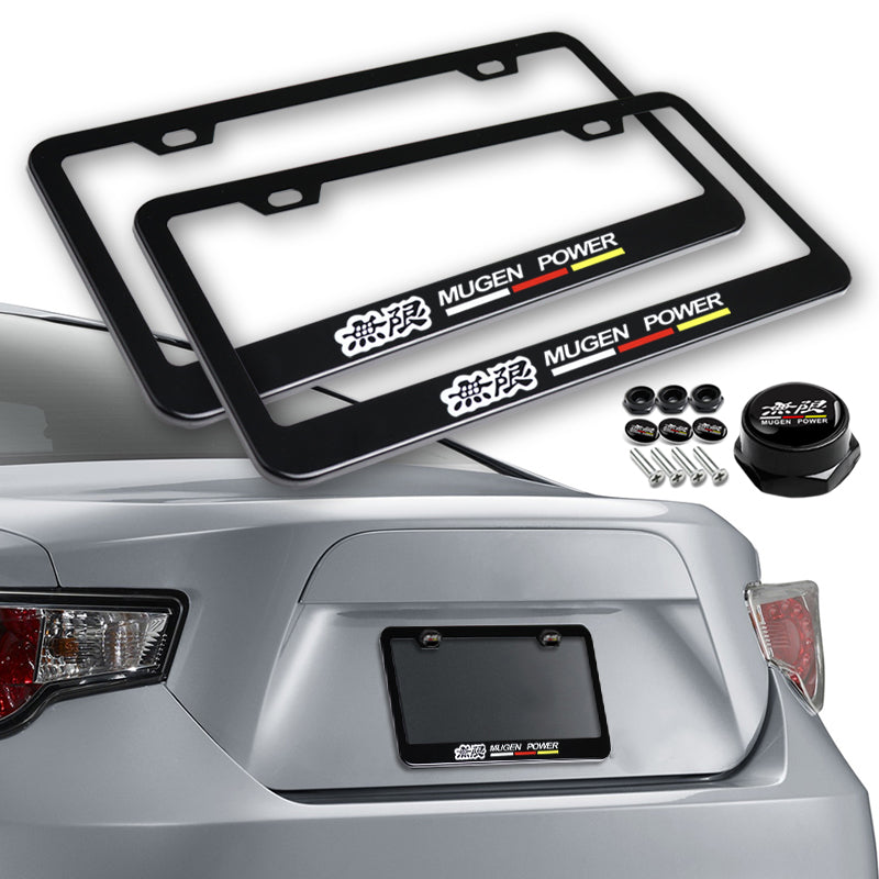 Mugen 2 pcs Black Stainless Steel License Plate Frame with Caps