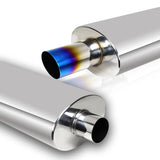 DTM Slant Tip Style Universal 2.5" Inlet 3" Outlet Deep And Smooth Tone Weld-On T-304 Exhaust High Flow Stainless Steel Muffler -Blue Tip