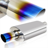 DTM Slant Tip Style Universal 2.5" Inlet 3" Outlet Deep And Smooth Tone Weld-On T-304 Exhaust High Flow Stainless Steel Muffler -Blue Tip