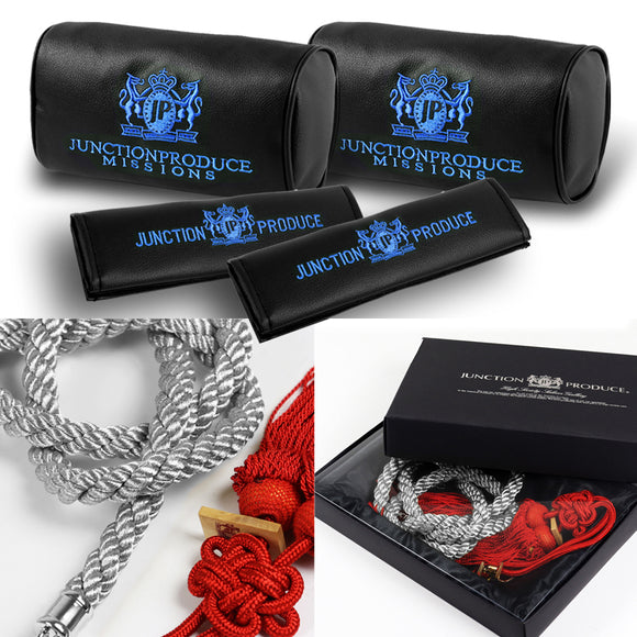 Junction Produce JP Blue Embroidery Set of Neck rest Pillows with Seatbelt Covers & SR Fusa Charm