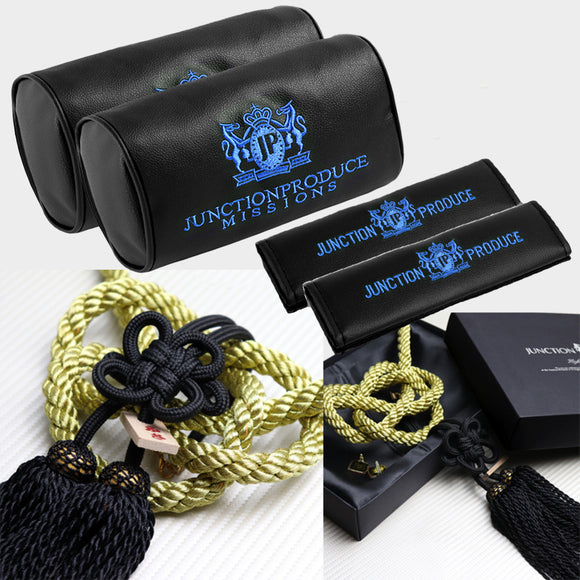 Junction Produce JP Blue Embroidery Set of Neck rest Pillows with Seatbelt Covers & Fusa Charm