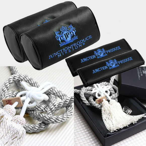 Junction Produce JP Blue Embroidery Set of Neck rest Pillows with Seatbelt Covers & SW Fusa Charm