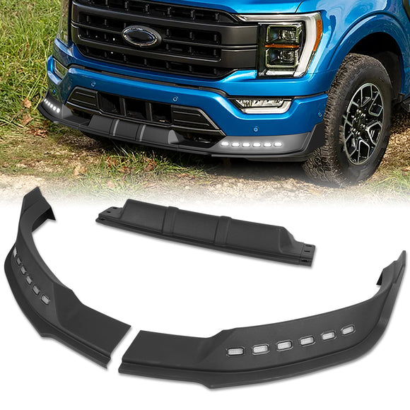 STP-Style For 2021 - 2023 Ford F150 Front Bumper Splitter Spoiler Lip 3PCS -Black With LED Sequential Running Lights