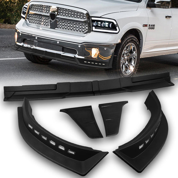 STP Style For 2013 - 2018 Ram 1500 / 2019 - 2024 Ram 1500 Classic Front Bumper Lip Spoiler Splitter With LED Sequential Light -Unpainted Black