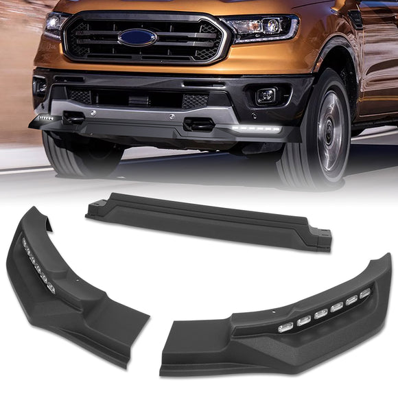 STP-Style For 2019 - 2023 Ford Ranger Front Bumper Lip Splitter With LED Sequential Light -Unpainted Matte Black