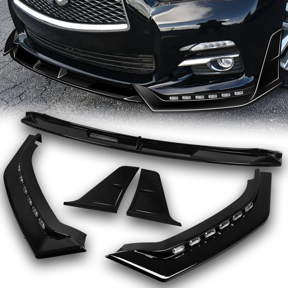 STP-Style For 2014 - 2017 Infiniti Q50 Luxe / Base Front Bumper Lip With LED Sequential Light -Painted Black