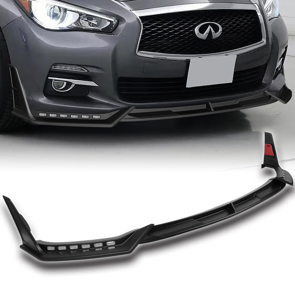 STP-Style For 2014 - 2017 Infiniti Q50 Luxe / Base Front Bumper Lip With LED Sequential Light -Unpainted Matte Black
