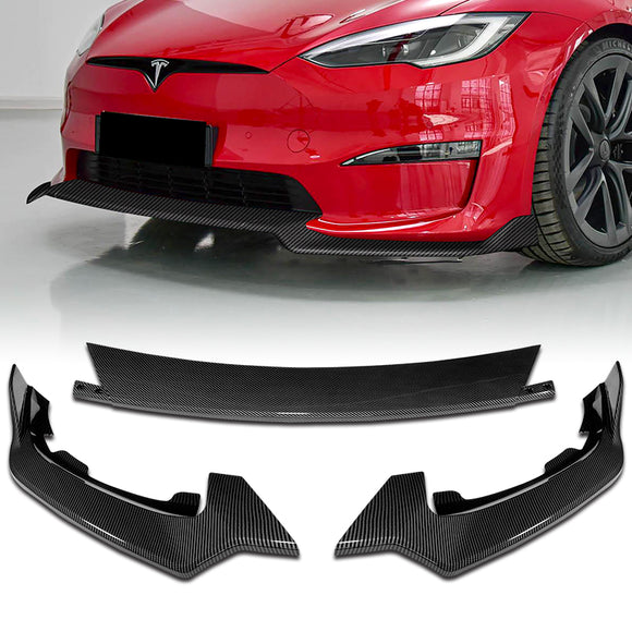 For 2021-2023 Tesla Model S Carbon Look Front Bumper Body Splitter Spoiler Lip 3PCS