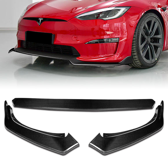 For 2021-2023 Tesla Model S Carbon Fiber Front Bumper Body Splitter Spoiler Lip 3PCS