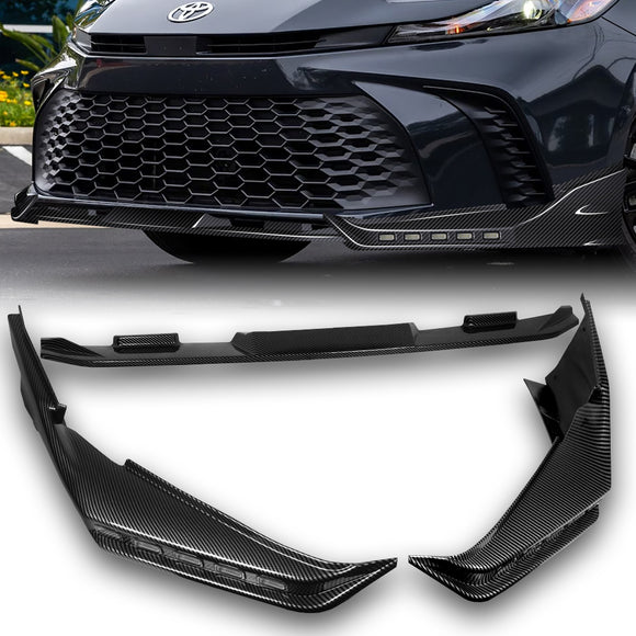 For 2025 - 2026 Toyota Camry SE XSE Front Bumper Splitter Spoiler Lip 3PCS With LED Sequential Running Lights -Carbon Fiber Look