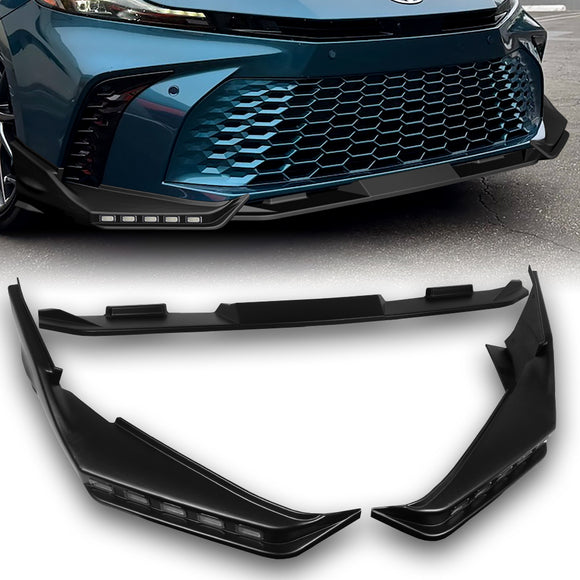 For 2025 - 2026 Toyota Camry SE XSE Front Bumper Splitter Spoiler Lip 3PCS With LED Sequential Running Lights -Unpainted Matte Black
