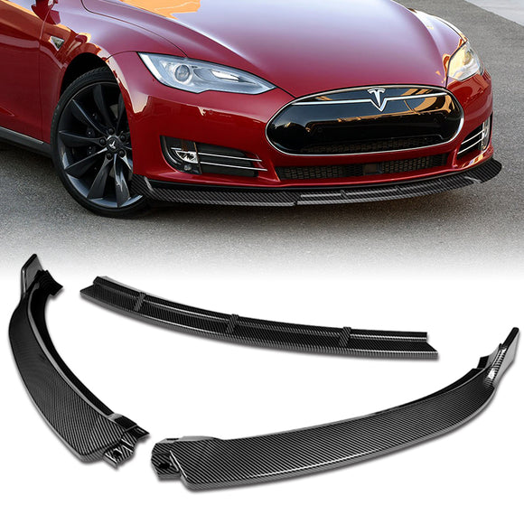 For 2012-2016 Tesla Model S V2 3-PCS  Carbon Look Front Bumper Splitter Spoiler Lip