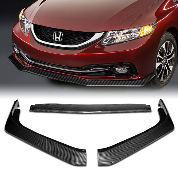 For 2013-2015 Honda Civic 4DR Carbon Look Aero-Style Front Bumper Body Splitter Spoiler Lip 3PCS