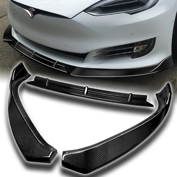 For 2016-2020 Tesla Model S STP-Style Carbon Fiber Front Bumper Body Splitter Spoiler Lip 3PCS