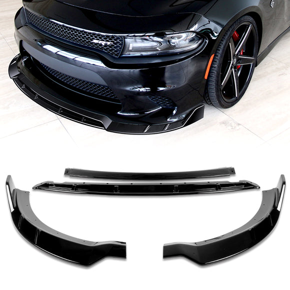 For 2015-2021 Dodge Charger SRT-Style Painted Black Front Bumper Splitter Spoiler Lip 3-PCS