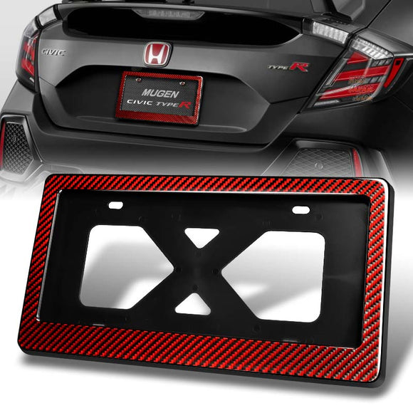 W-Power Red Real Carbon Fiber License plate frame TAG cover Front Rear W/Bracket