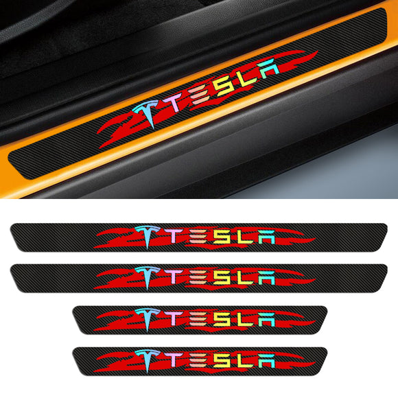NEW 4PCS Set 5D Carbon Fiber Texture Car Door Scuff Sill Cover Panel Step Protector For TESLA