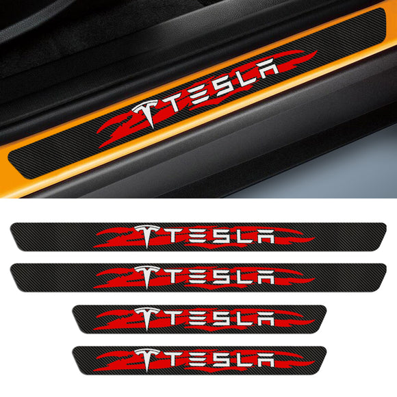 For TESLA NEW 4PCS Set 5D Carbon Fiber Texture Car Door Scuff Sill Cover Panel Step Protector