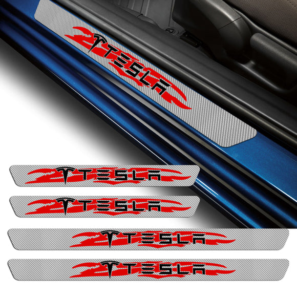 NEW 4PCS Set For TESLA 5D Carbon Fiber Texture Car Door Scuff Sill Cover Panel Step Protector