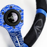 W-Power 350mm 14" Black Alcantara Grip Blue Anodized 3-Spoke Double Blue Center Stripes 4" Deep Dish Ultra Street Steering Wheel