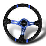 W-Power 350mm 14" Black Alcantara Grip Blue Anodized 3-Spoke Double Blue Center Stripes 4" Deep Dish Ultra Street Steering Wheel