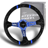 W-Power 350mm 14" Black Alcantara Grip Blue Anodized 3-Spoke Double Blue Center Stripes 4" Deep Dish Ultra Street Steering Wheel