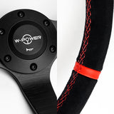 W-Power 350mm 14" Premium Suede With Red Strip Grip Aluminum Finished 3-Spoke 4" Deep Dish JDM Euro VIP Style Steering Wheel -Black Suede/Red Strip