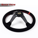 W-Power 350mm 14" Premium Suede With Red Strip Grip Aluminum Finished 3-Spoke 4" Deep Dish JDM Euro VIP Style Steering Wheel -Black Suede/Red Strip