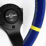 W-Power 350mm 14" Premium Blue Suede With Yellow Strip Grip Aluminum Finished 3-Spoke 4" Deep Dish JDM Euro VIP Style Steering Wheel -Blue Suede/Yellow Strip