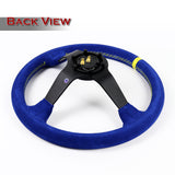 W-Power 350mm 14" Premium Blue Suede With Yellow Strip Grip Aluminum Finished 3-Spoke 4" Deep Dish JDM Euro VIP Style Steering Wheel -Blue Suede/Yellow Strip