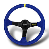 W-Power 350mm 14" Premium Blue Suede With Yellow Strip Grip Aluminum Finished 3-Spoke 4" Deep Dish JDM Euro VIP Style Steering Wheel -Blue Suede/Yellow Strip