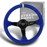 W-Power 350mm 14" Premium Blue Suede With Yellow Strip Grip Aluminum Finished 3-Spoke 4" Deep Dish JDM Euro VIP Style Steering Wheel -Blue Suede/Yellow Strip