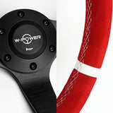 W-Power 350mm 14" Premium Red Suede With White Strip Grip Aluminum Finished 3-Spoke 4" Deep Dish JDM Euro VIP Style Steering Wheel -Red Suede/White Strip