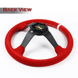 W-Power 350mm 14" Premium Red Suede With White Strip Grip Aluminum Finished 3-Spoke 4" Deep Dish JDM Euro VIP Style Steering Wheel -Red Suede/White Strip