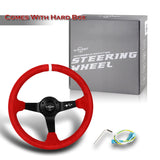 W-Power 350mm 14" Premium Red Suede With White Strip Grip Aluminum Finished 3-Spoke 4" Deep Dish JDM Euro VIP Style Steering Wheel -Red Suede/White Strip