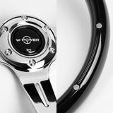 W-Power 14" 355mm 6-Bolt Hole Classic Style Galaxy Black Wood Grain Grip With Aluminum Finished 3-Spoke Steering Wheel -Chrome Center Spoke