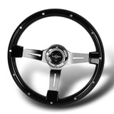 W-Power 14" 355mm 6-Bolt Hole Classic Style Galaxy Black Wood Grain Grip With Aluminum Finished 3-Spoke Steering Wheel -Chrome Center Spoke