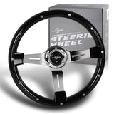 W-Power 14" 355mm 6-Bolt Hole Classic Style Galaxy Black Wood Grain Grip With Aluminum Finished 3-Spoke Steering Wheel -Chrome Center Spoke