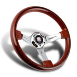 13.5" 343mm 6-Bolt Hole JDM Euro VIP Style Classic Dark Wood Grip With Aluminum Finished 3-Spoke 3 Inches Deep Dish Steering Wheel