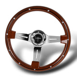 W-Power 14" 355mm 6-Bolt Hole Classic Style Galaxy Dark Wood Grain Grip With Aluminum Finished 3-Spoke 2.5 Inches Deep Dish Steering Wheel -Chrome Center Spoke