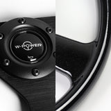 W-Power 14" 350mm Reinforced 6-Bolt Hole JDM Euro VIP Style Polished Galaxy Black Wood Grain Trim Grip With Aluminum Finished 3-Spoke Steering Wheel -Matte Black Center Spoke