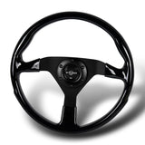 W-Power 14" 350mm Reinforced 6-Bolt Hole JDM Euro VIP Style Polished Galaxy Black Wood Grain Trim Grip With Aluminum Finished 3-Spoke Steering Wheel -Matte Black Center Spoke