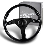 W-Power 14" 350mm Reinforced 6-Bolt Hole JDM Euro VIP Style Polished Galaxy Black Wood Grain Trim Grip With Aluminum Finished 3-Spoke Steering Wheel -Matte Black Center Spoke