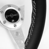 W-Power 14" 350mm 6-Bolt Hole JDM Euro VIP Style Classic Black Leather Trim Grip With Aluminum Finished 3-Spoke Steering Wheel -Black Leather Grip/Silver Center Spoke