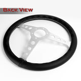 W-Power 14" 350mm 6-Bolt Hole JDM Euro VIP Style Classic Black Leather Trim Grip With Aluminum Finished 3-Spoke Steering Wheel -Black Leather Grip/Silver Center Spoke