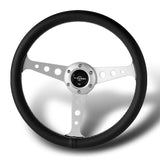 W-Power 14" 350mm 6-Bolt Hole JDM Euro VIP Style Classic Black Leather Trim Grip With Aluminum Finished 3-Spoke Steering Wheel -Black Leather Grip/Silver Center Spoke