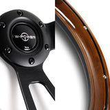 W-Power 13.5" 343mm 6-Bolt Hole Vintage Style Dark Wood With Billet Stripe Trim Grip Aluminum Finished 3-Spoke 2.5 Inch Deep Dish Steering Wheel -Black Center Spoke