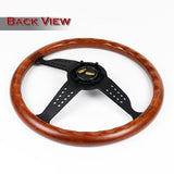 W-Power 14" 350mm 6-Bolt Hole Classic Style Dark Wood Mahogany Grain Grip With Aluminum Finished 3-Spoke Steering Wheel -Black Center Spoke