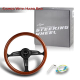 W-Power 14" 350mm 6-Bolt Hole Classic Style Dark Wood Mahogany Grain Grip With Aluminum Finished 3-Spoke Steering Wheel -Black Center Spoke